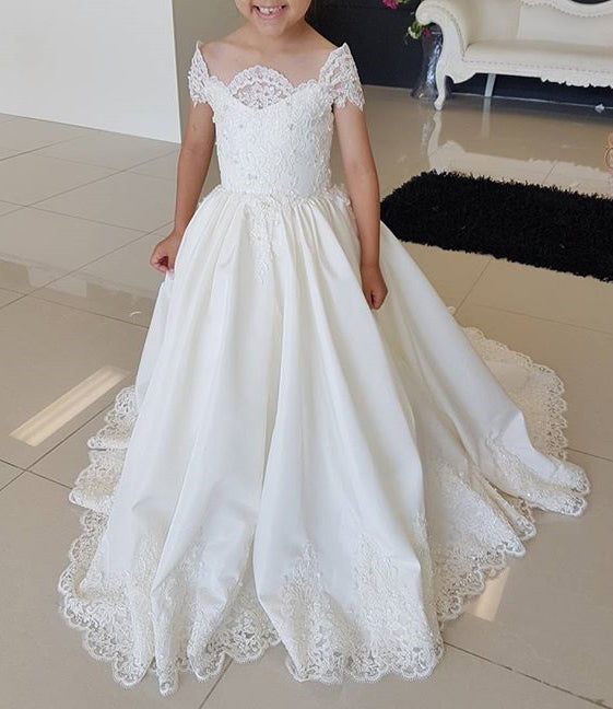 Off Shoulder Girl Wedding Dress Golden Sequin Lace Kids Party Trailing –  Avadress