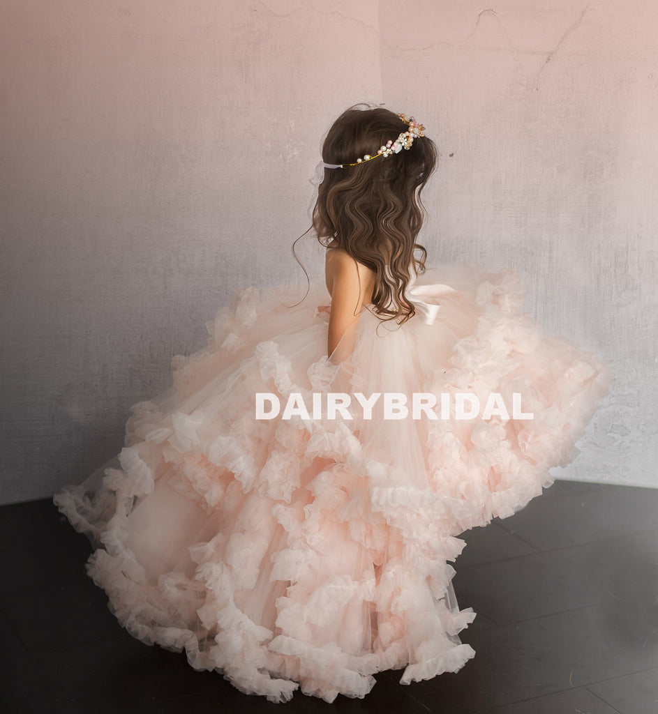 High-Low Pink Tulle Flower Girl Dresses, Backless Popular Little Girl Dresses, KX1209