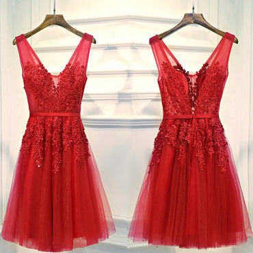 V Neckline Red Lace Short Homecoming Dress, Red Short Prom Dresses, Perfect Homecoming Dresses, Red Cocktail Dresses, CM0013