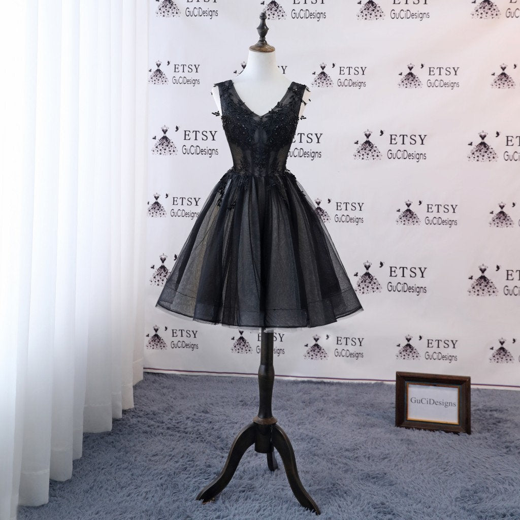 Black Applique Tulle Homecoming Dress,Sleeveless Organza Homecoming Dress, KX1309