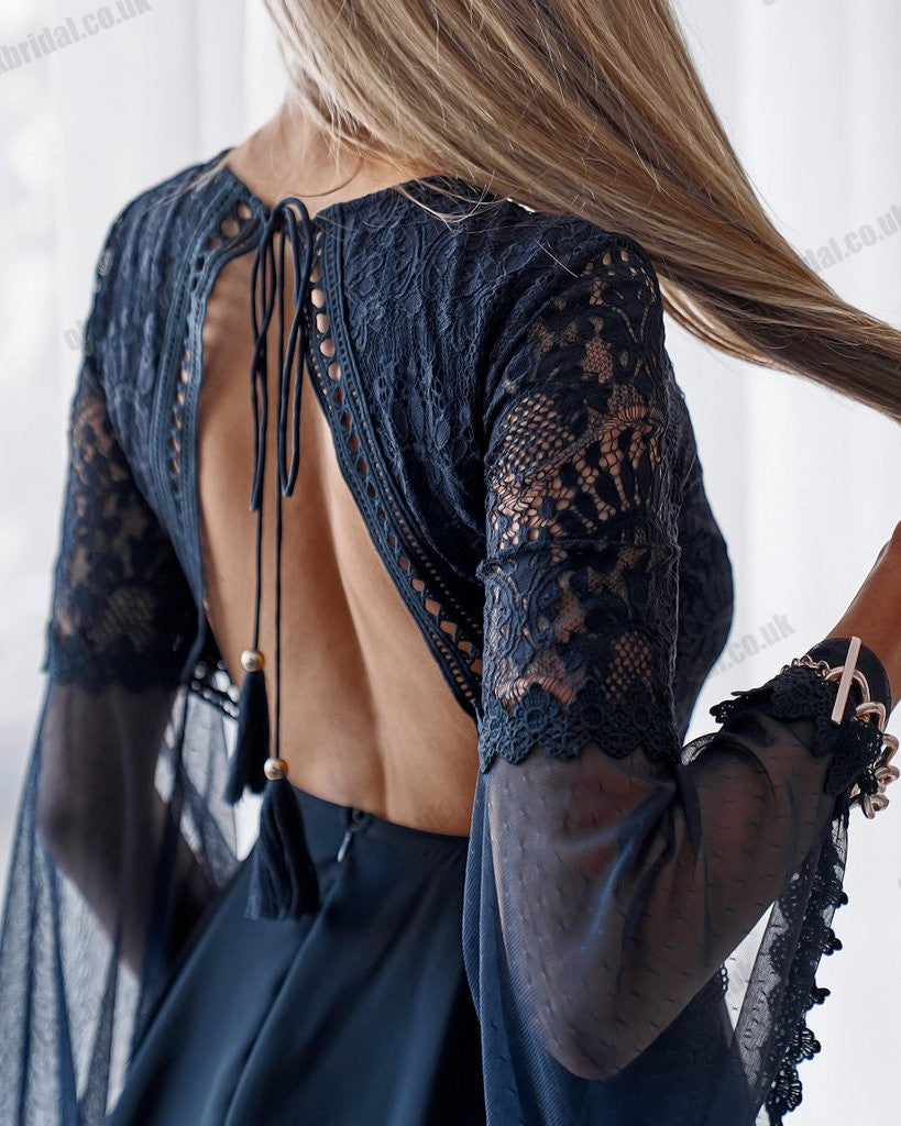 New Arrival V-Neck Long Sleeve Lace A-Line Chiffon Navy Open-Back Homecoming Dresses, KX1515