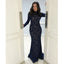 Long Sleeve Lace Prom Dresses, Navy Mermaid Floor-Length Prom Dresses, KX1535