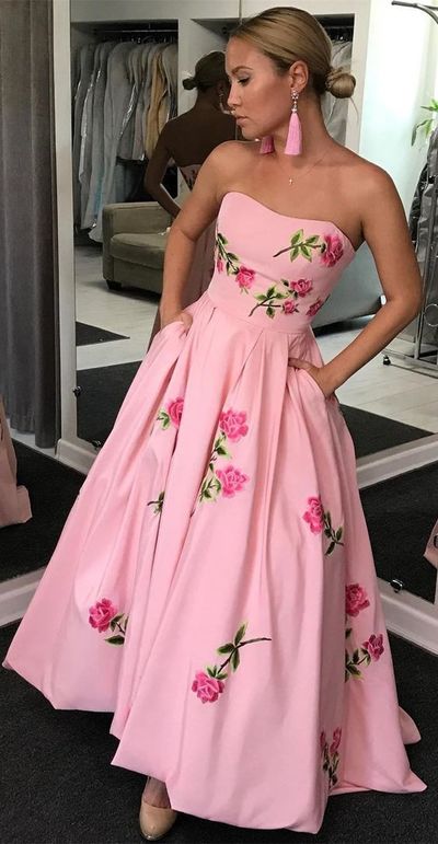 Pink A-Line Backless Applique High-Low Jersey Prom Dresses, FC1812
