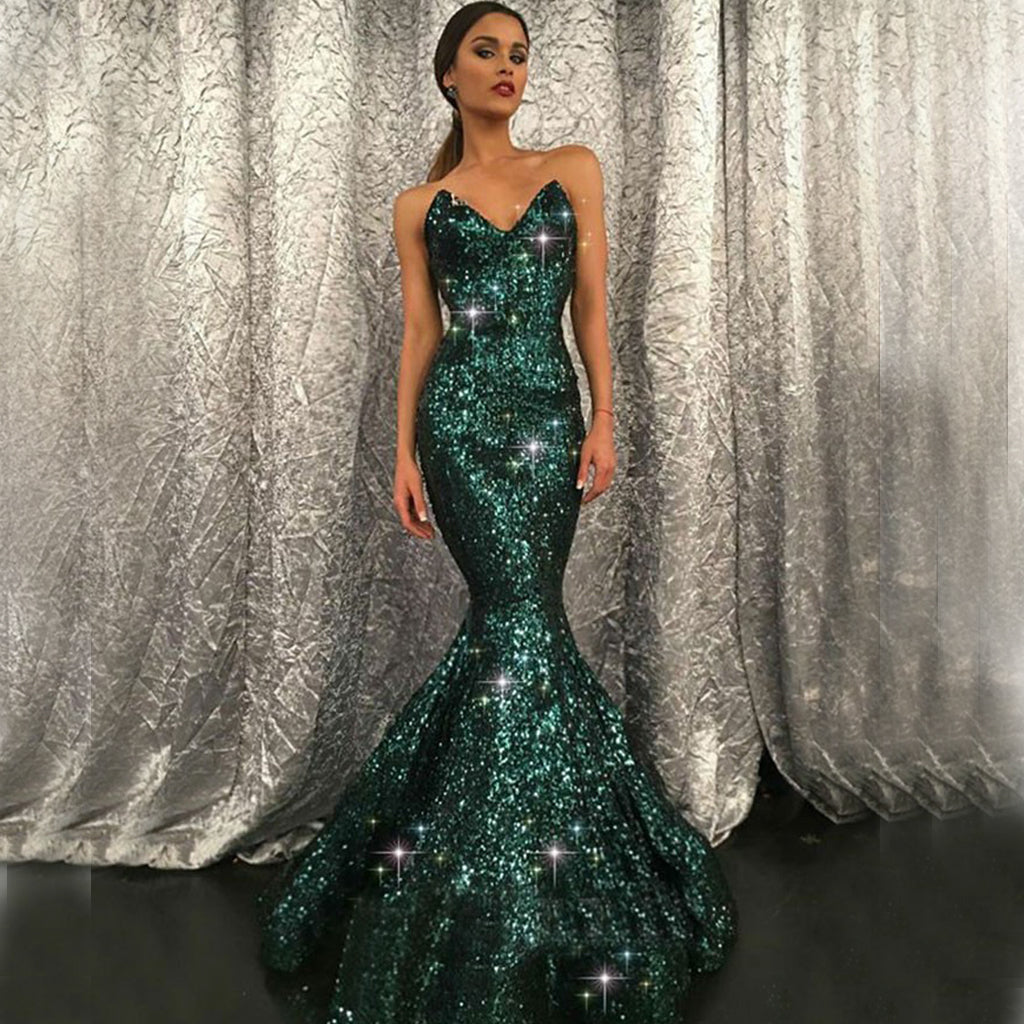 GL3011 | Jewel Bead Illusion V-neck Mesh Mermaid Dress | GLS