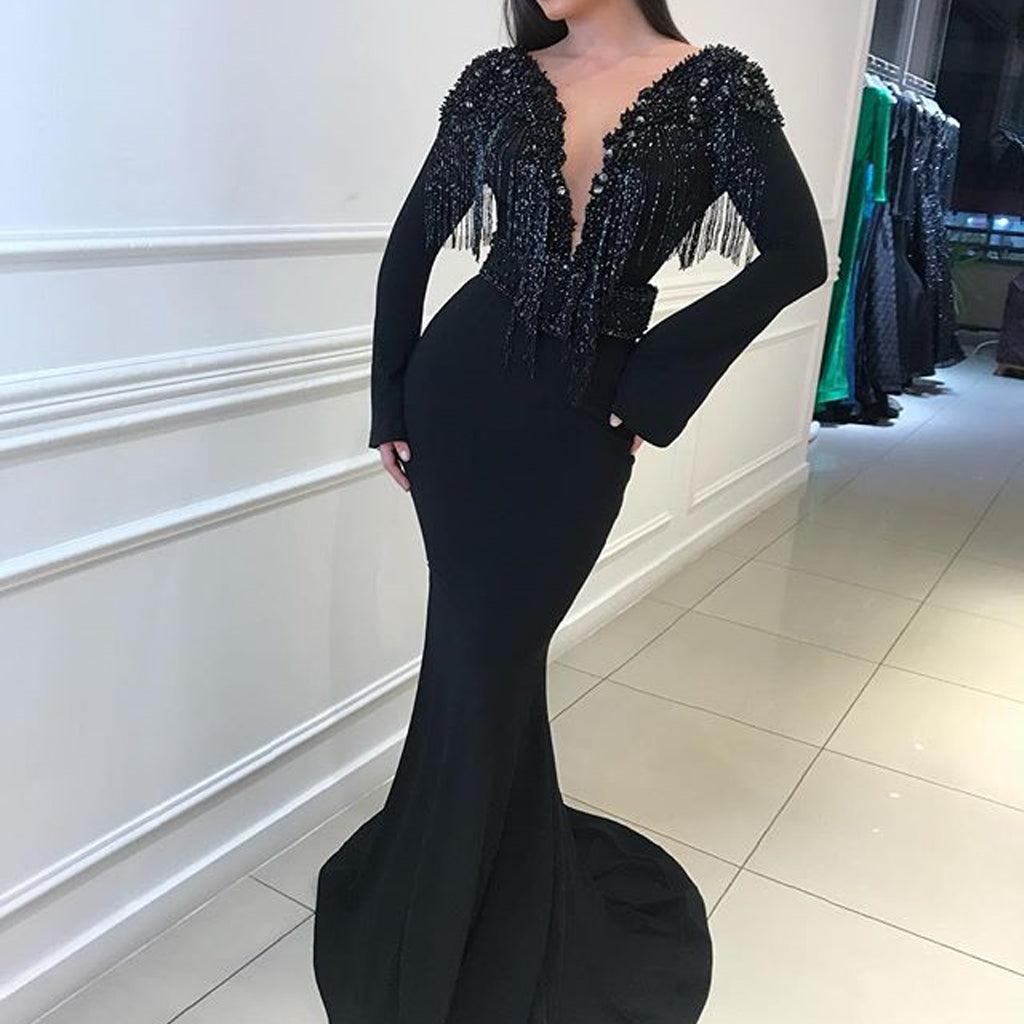 V-neck Backless Black Lace Tulle Rhinestone Prom Dresses, Long Black Prom Dresses