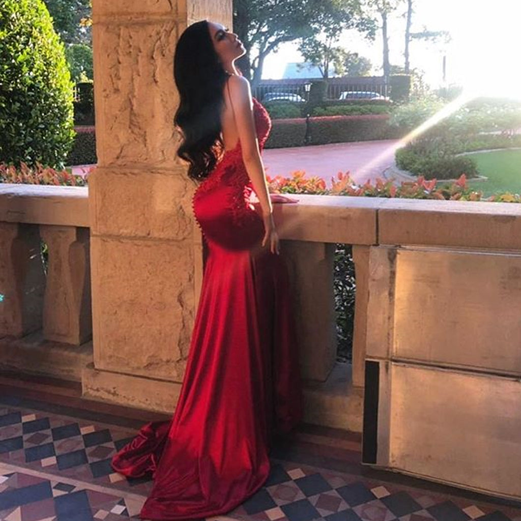 Sexy Mermaid Backless Straps Applique Red Prom Dress, FC1919