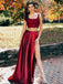 Special Two Pieces Satin A-line Slit Lace Top Backless Prom Dresses, FC2037