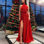 Red Halter A-Line Backless Sexy Slit Sleeveless Jersey Prom Dresses, FC2120