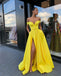 Off Shoulder Yellow A-line Satin Slit Charming Prom Dresses, FC2130