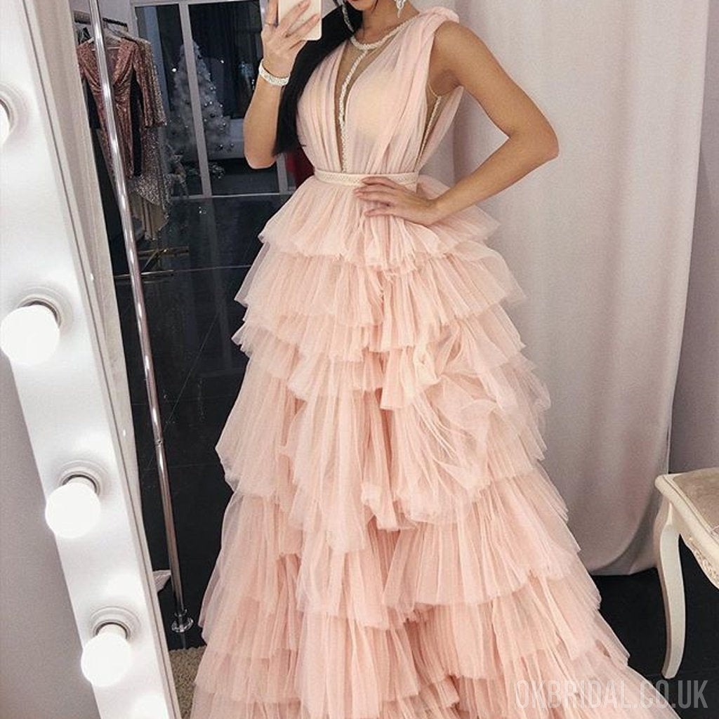 Tulle Light Pink A-line Sleeveless Elegant Prom Dresses, FC2225
