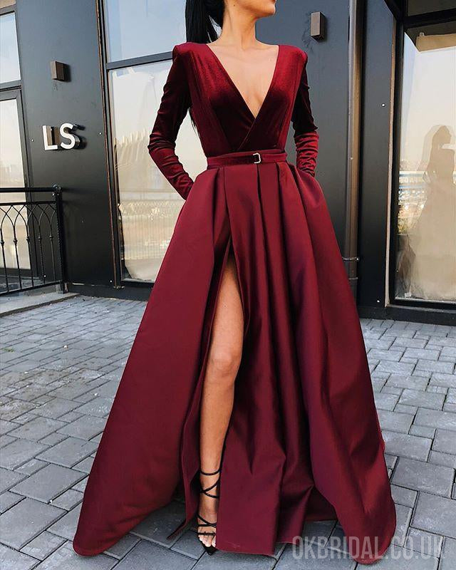 Burgundy Long Sleeve Velvet A-line Satin Slit Prom Dresses, FC2232