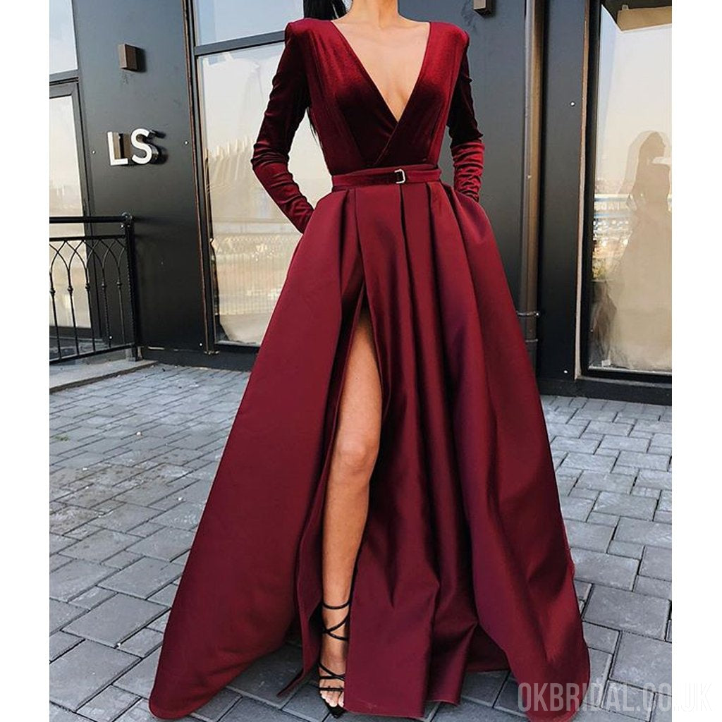 Burgundy Long Sleeve Velvet A-line Satin Slit Prom Dresses, FC2232 –  OkBridal