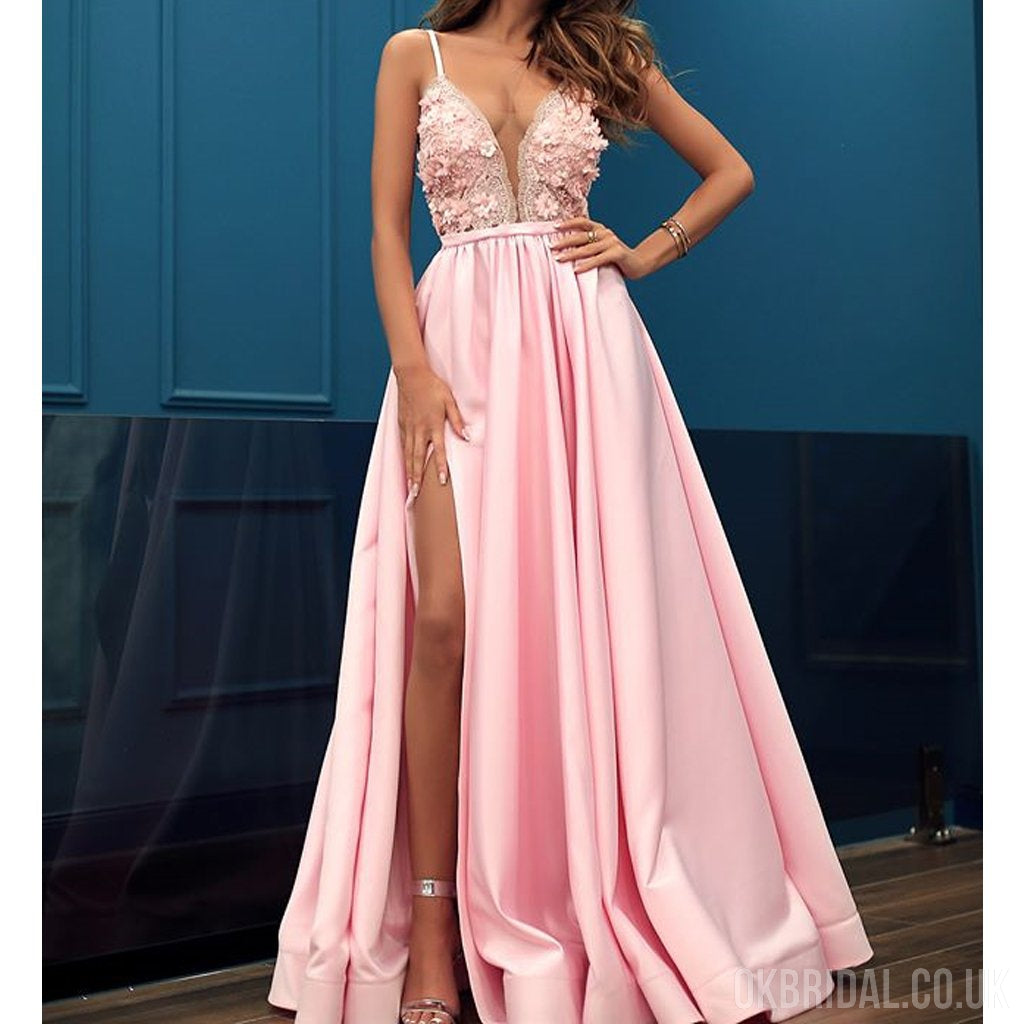 Pink Satin A-line Sexy Slit Tulle Beautiful Prom Dresses, FC2241