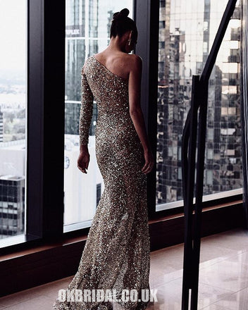 Sparkly A-line Floor-length One-shoulder Long Beading Prom Dresses, PD0109
