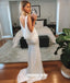 White V-neck Mermaid Backless Sexy Slit Silk Elastic Satin Prom Dresses, FC2272