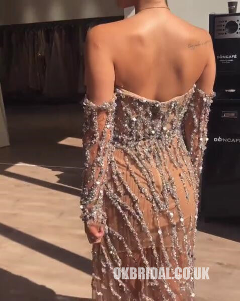 Sparkly Beaded A-Line Off Shoulder Long Sleeve Sexy Slit Backless Prom Dresses, FC2288