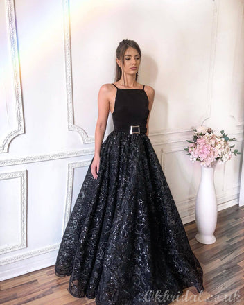 Elegant Black A-line Lace Backless Jersey Sleeveless Long Prom Dress, FC3776