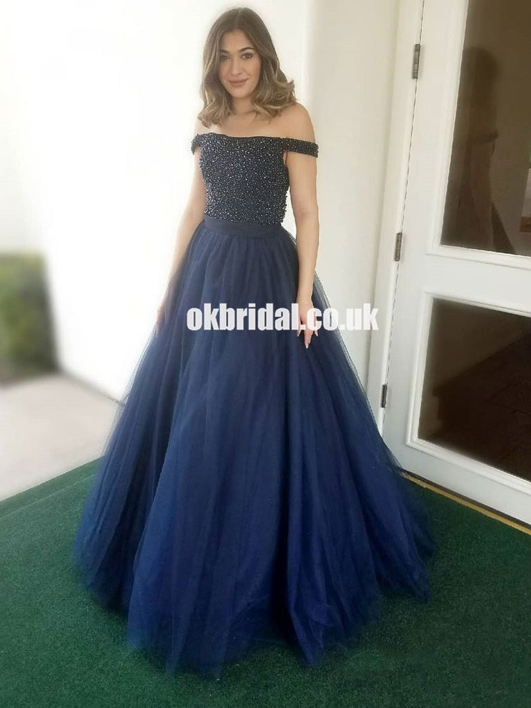 Charming Off Shoulder Beaded Prom Dress, Tulle A-Line Backless Prom Dress, KX1063