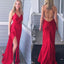 Red Backless Sexy V-Neck Sheath Prom Dress, Spaghetti Straps Elastic Satin Prom Dress, KX1076