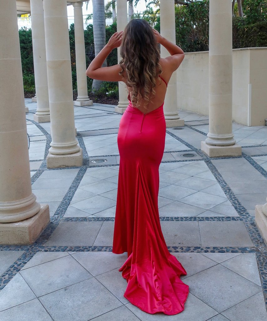 Charming Mermaid Soft Satin V-Neck Prom Dresses, Red Slit Backless Spaghetti Straps Prom Dresses, KX1449