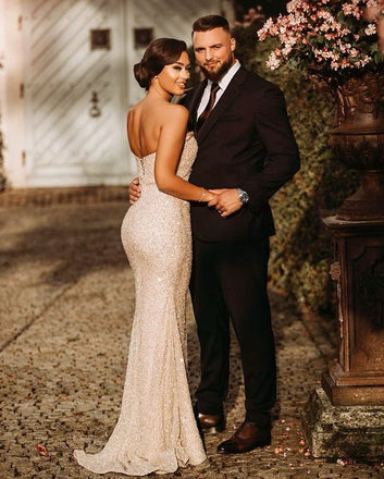 Sparkle Sequin Mermaid Sexy Slit Backless Floor-length Prom Dresses, FC4419