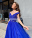 Gorgeous A-line Royal Blue Off Shoulder Beaded Long Prom Dress, FC4600