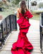Stunning Straight Neck Mermaid Red Satin Long Prom Dresses, FC5949