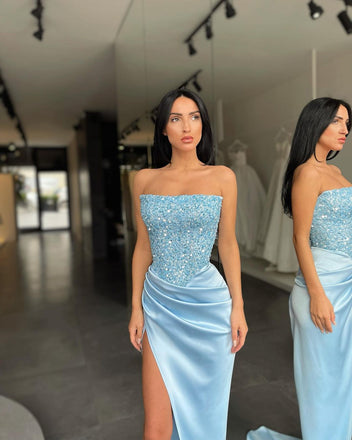 Fashion Sequin Top Mermaid Satin Sexy Slit Prom Dresses, FC6253