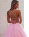 Pink Sparkle Spaghetti Straps A-line Backless Prom Dresses, FC6491