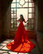 Off Shoulder A-line Red Satin Sexy Slit Long Dresses, FC6538