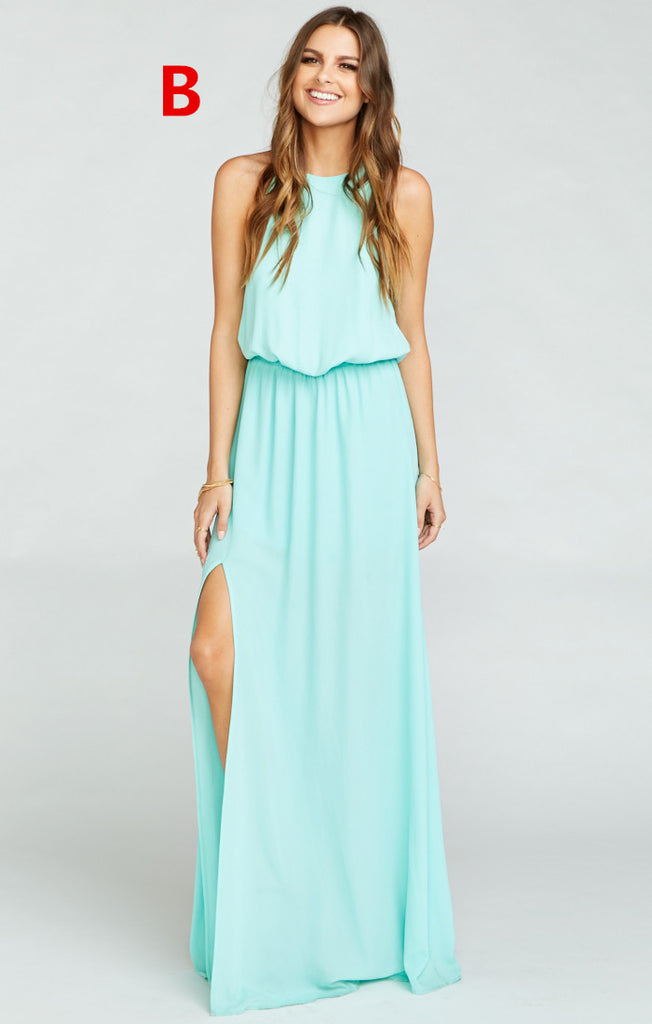 Pretty Young Junior Mint Mismatched Different Styles Side Split Chiffon Cheap Long Bridesmaid Dresses, WG197