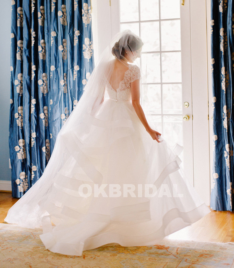 Vintage Lace A-Line Wedding Dresses, Cheap V-Back Organza Wedding Dresses, KX966