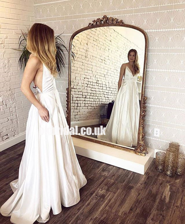 Cheap Spaghetti Straps V-Neck Wedding Dresses, Charming A-Line Satin Backless Dresses, KX1008