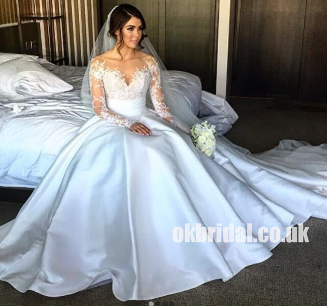 Charming Long Sleeve Lace Sexy Side Split Wedding Dress with Detachabl ...
