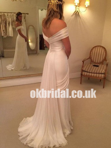 Simple Off Shoulder Chiffon Sheath Long Backless Slit Wedding Dresses, KX1131
