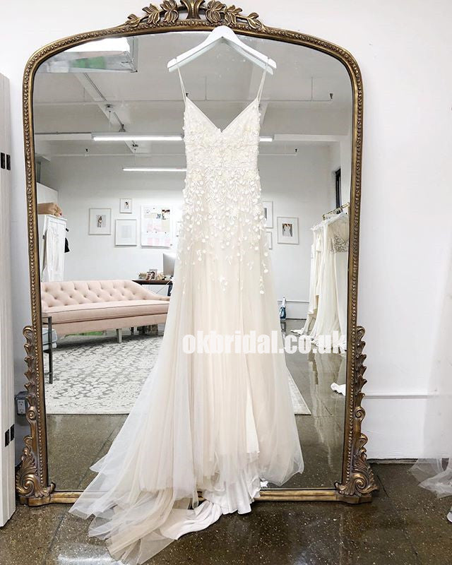 Charming V-Neck Applique Wedding Dresses, Backless Tulle A-Line Wedding Dresses, KX1136