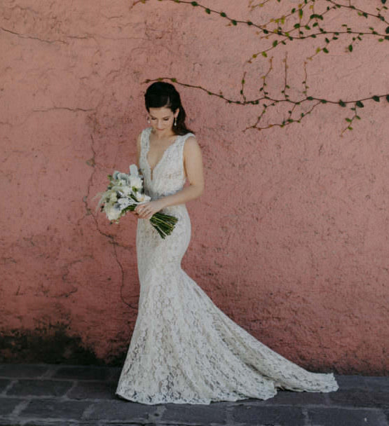 Beautiful Lace Mermaid Deep V-Neck Backless Long Floor-Length Sleeveless Wedding Dress, FC1481