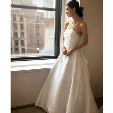 Straight Neck Long Sleeve White Lace Beaded Wedding Party Dresses, WD0029