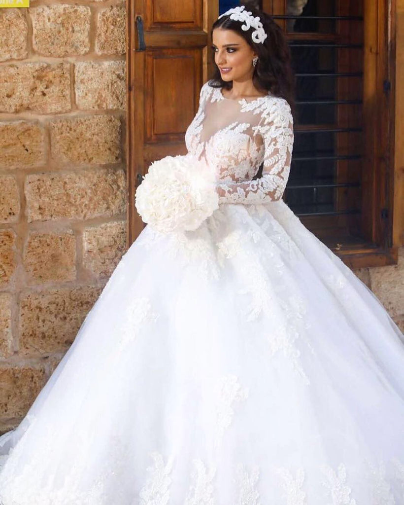 Luxury Lace White A-Line Wedding Dress, Charming Long Sleeve Tulle Wed ...