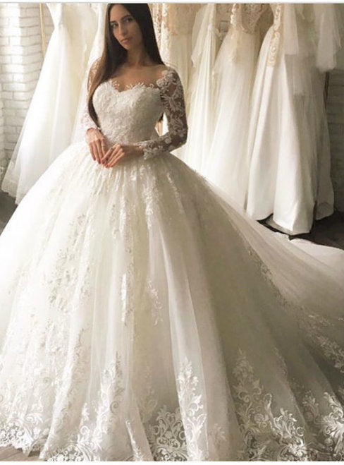 Charming Long Sleeve A-Line Lace Elegant Applique Ball Gown Wedding Dress, FC1633