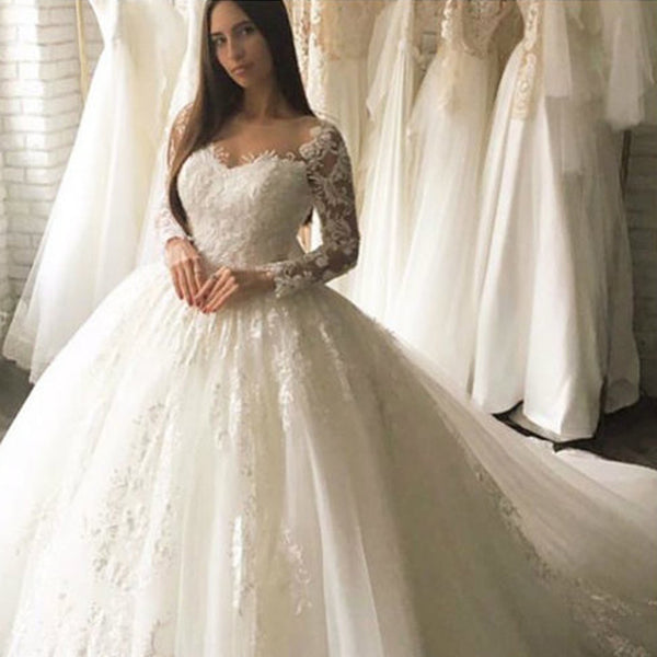 Charming Long Sleeve A-Line Lace Elegant Applique Ball Gown Wedding Dr ...