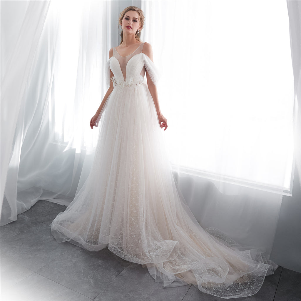 Charming Round Neckline A-Line Tulle Backless Lace Beaded Wedding Dresses, FC1636