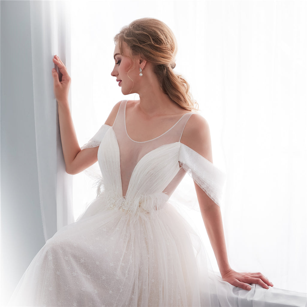 Charming Round Neckline A-Line Tulle Backless Lace Beaded Wedding Dresses, FC1636