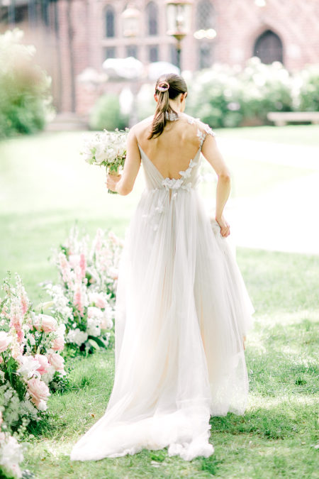 Cap Sleeve A-line Tulle Open-back Sexy Slit Applique Wedding Dresses, FC1904