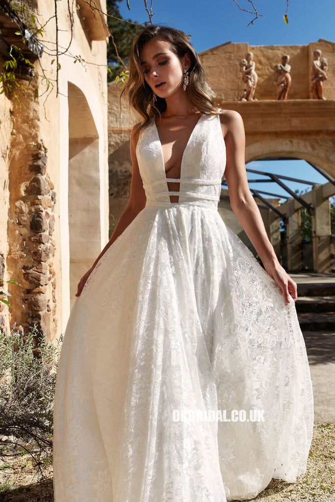 Elegant Lace A-line Backless Long Sleeveless Wedding Dress, FC1985