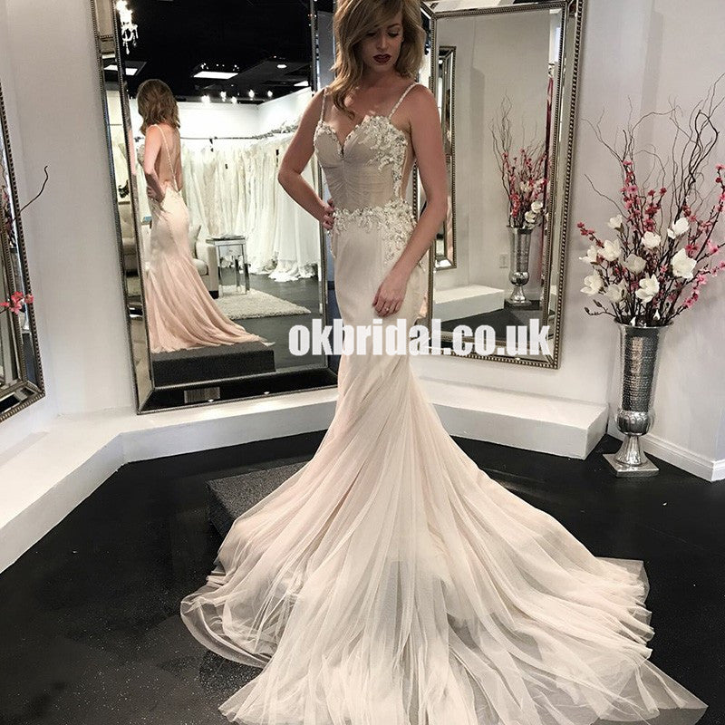Charming Spaghetti Straps Tulle Backless Wedding Dresses, Sexy Backless Applique Wedding Dresses, KX595