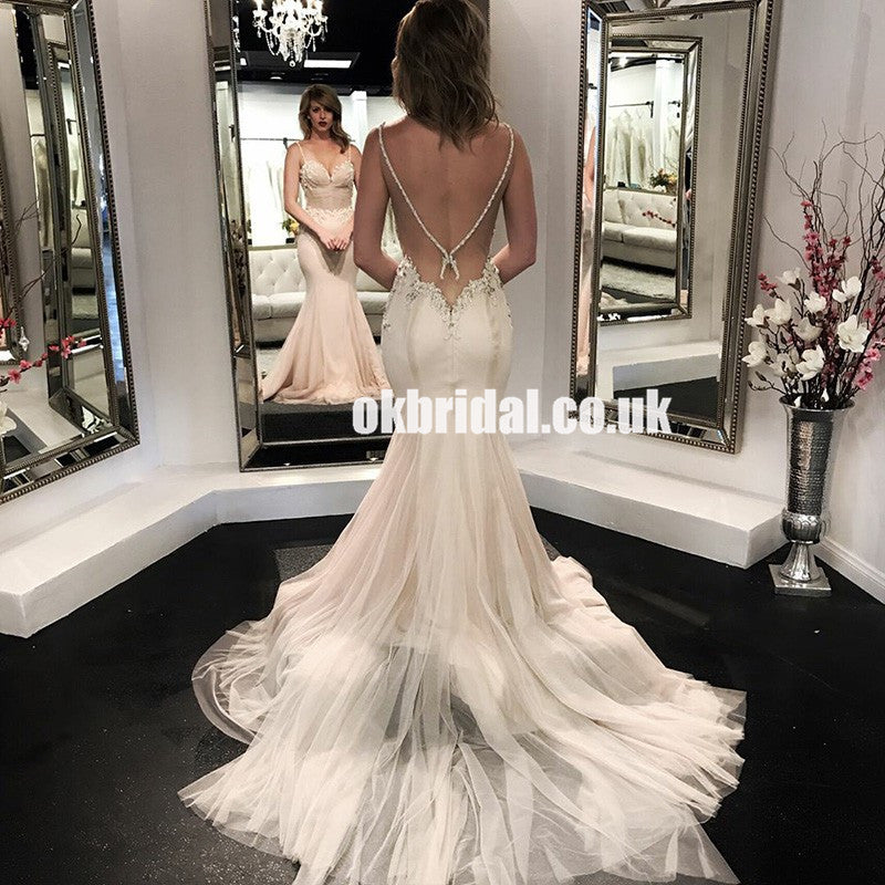 Charming Spaghetti Straps Tulle Backless Wedding Dresses, Sexy Backless Applique Wedding Dresses, KX595