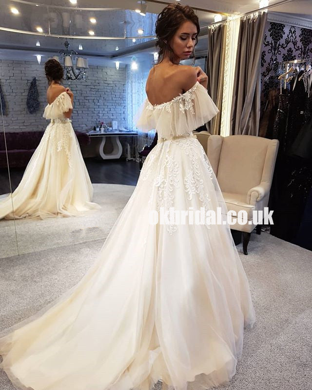 Charming Off Shoulder Lace Top Wedding Dress, Tulle A-Line Applique Wedding Dress, KX596