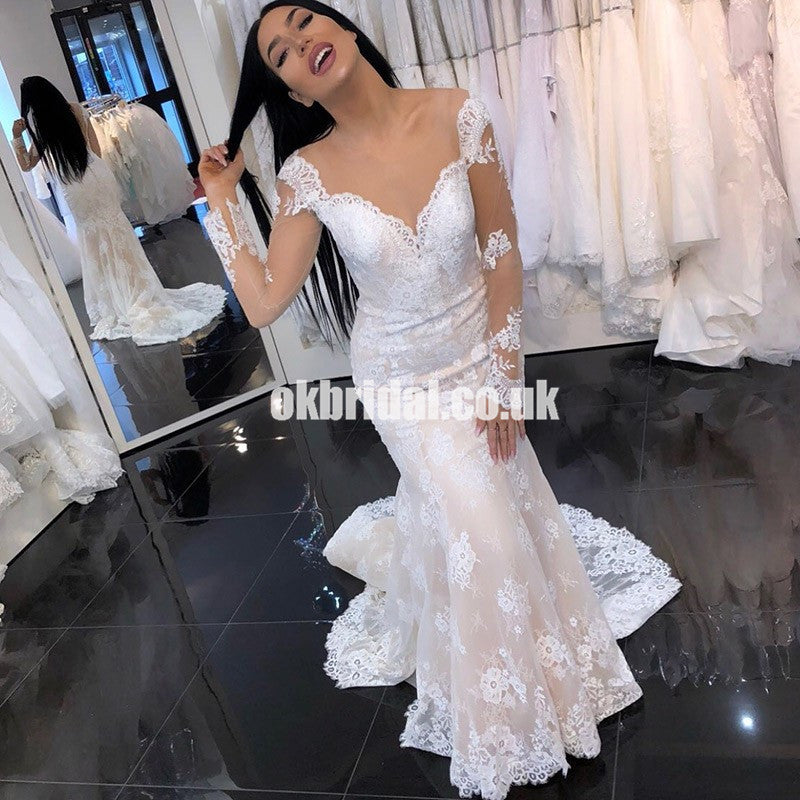 Long Mermaid Lace Wedding Dress, Long Sleeve Applique Wedding Dress, LB0748