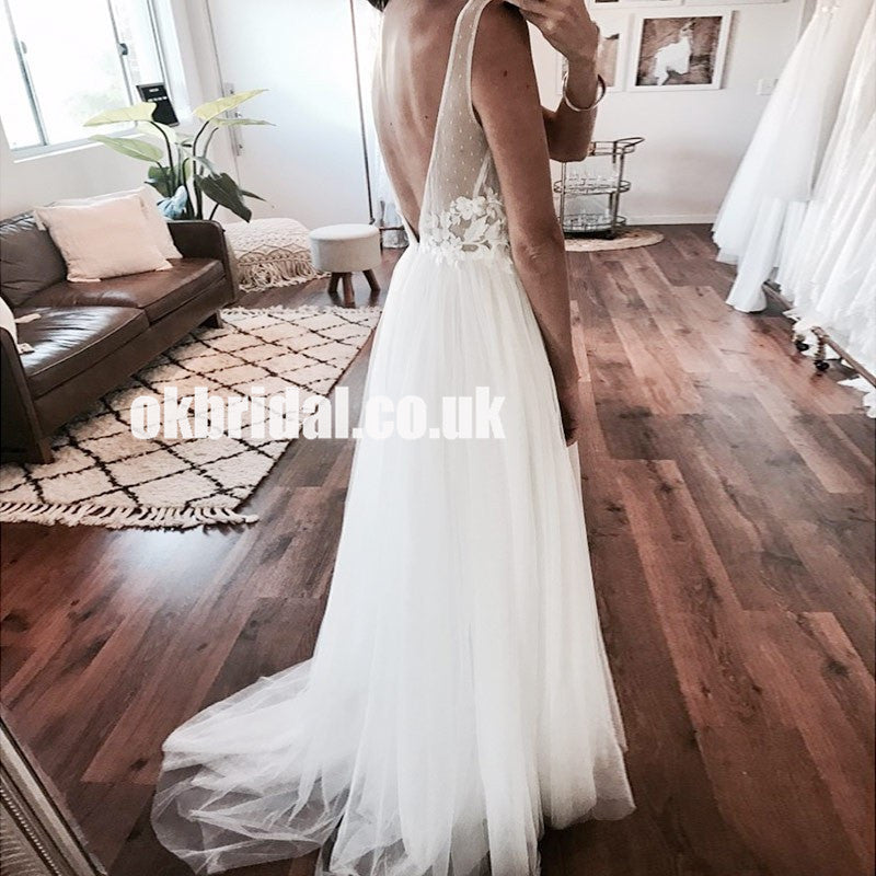Charming Round Neckline Tulle Wedding Dress, Lace Top A-Line Applique Wedding Dress, Vintage Bridal Dress, LB0959